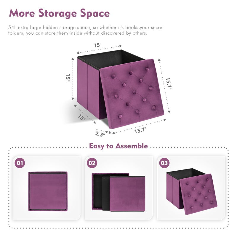 B FSOBEIIALEO Storage Ottoman Cube Velvet Tufted Folding Ottomans with Lid, Footstool Rest Padded Seat for Bedroom (Purple, Medium) - Image 4